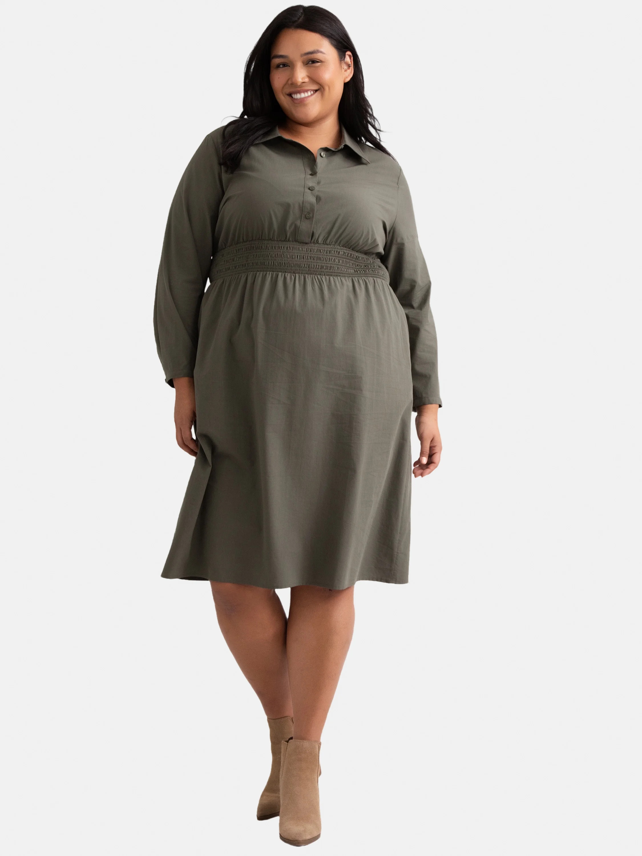 Time and Tru Women's and Women's Plus Midi Shirtdress with Long Sleeves, Sizes XS-4X - Walmart.co... | Walmart (US)