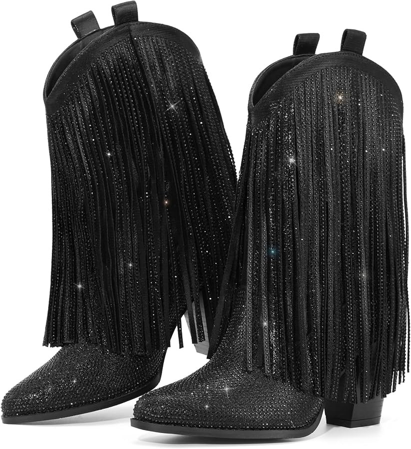 Cowboy Boots for Women Sparkly Rhinestone Cowgirl Boots Pointed Toe Fringe Western Boot for Conce... | Amazon (US)