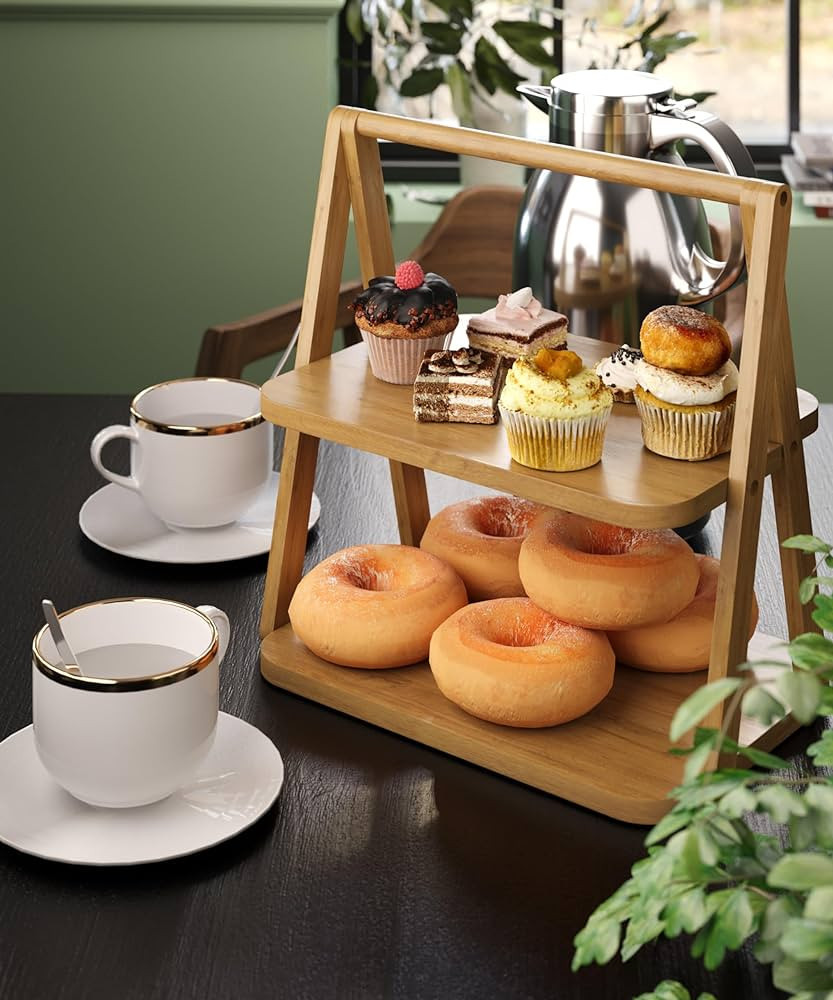 Natural Bamboo Wooden Two Tier Rustic Cupcake Stand, Wood Dessert Display Stands, Dessert Table D... | Amazon (US)