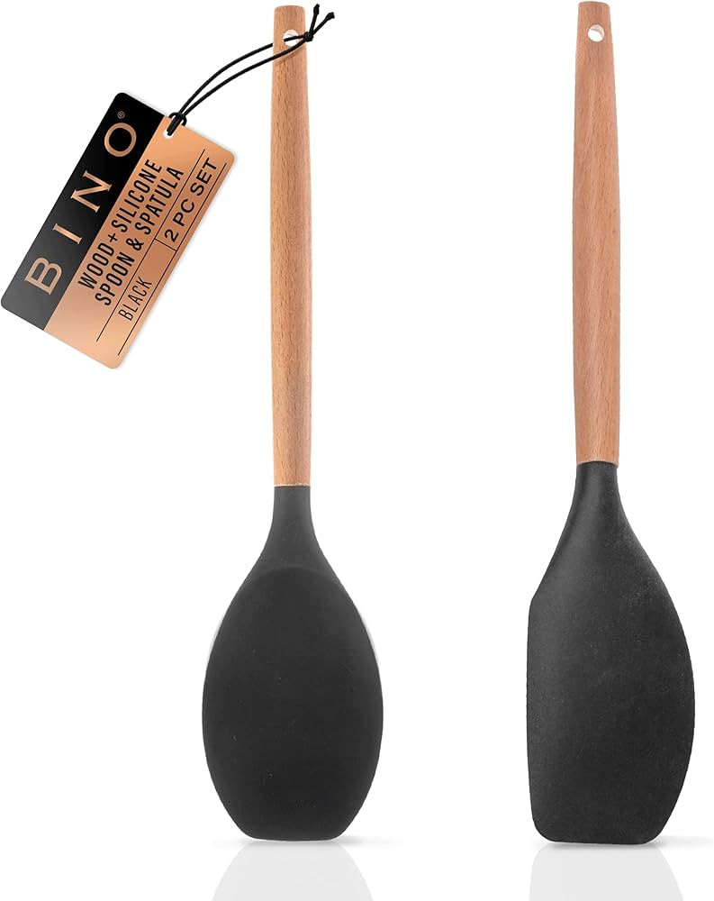 BINO 2-Piece Wooden Handle Silicone Mixing Spoons & Spatulas Set - Black | Heat Resistant Kitchen... | Amazon (US)
