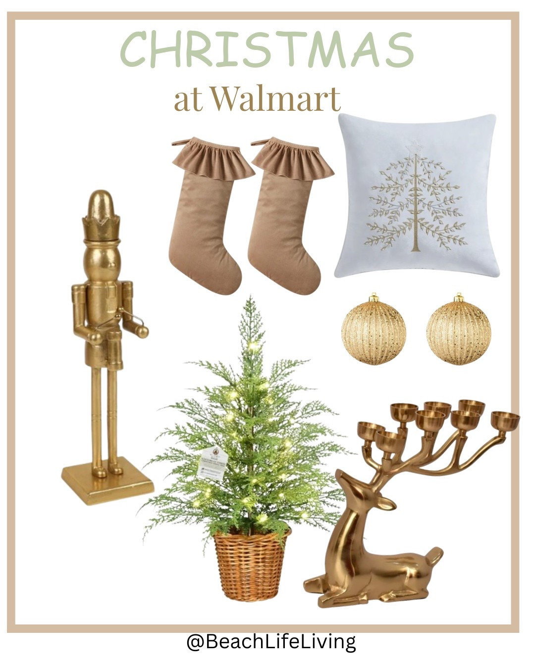 Walmart Natural Christmas Holiday  Decor
Gold Deer Candle Holder
Gold Nutcracker
Small pre-lite tree

#LTKHome #LTKSeasonal #LTKHoliday