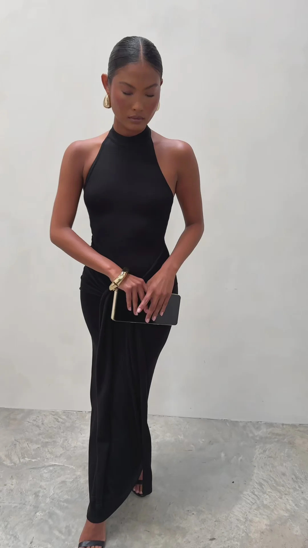 Bernelle Halterneck Tie Waist Knit Midaxi Dress - Black | Pretty Lavish (UK)