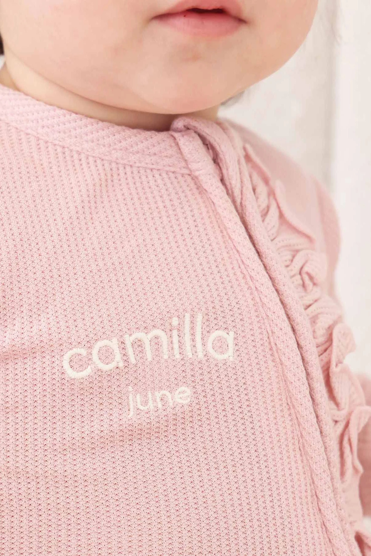 Embroidered Bamboo Waffle Zipper Ruffle Footie | Lotus | Caden Lane