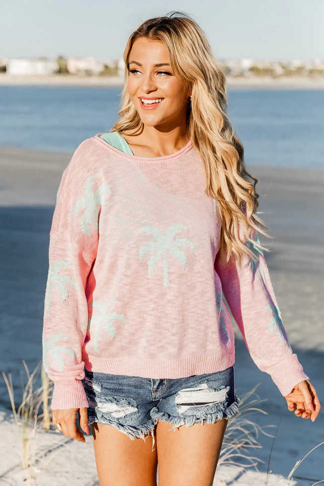 Below The Equator Pink and Mint Palm Print Sweater | Pink Lily