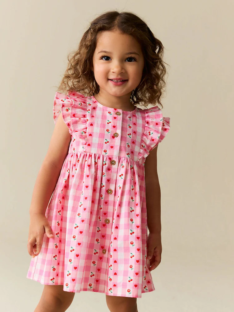 Pink Gingham Cherry Double Ruffle Sleeve Dress (3mths-8yrs) | Next US