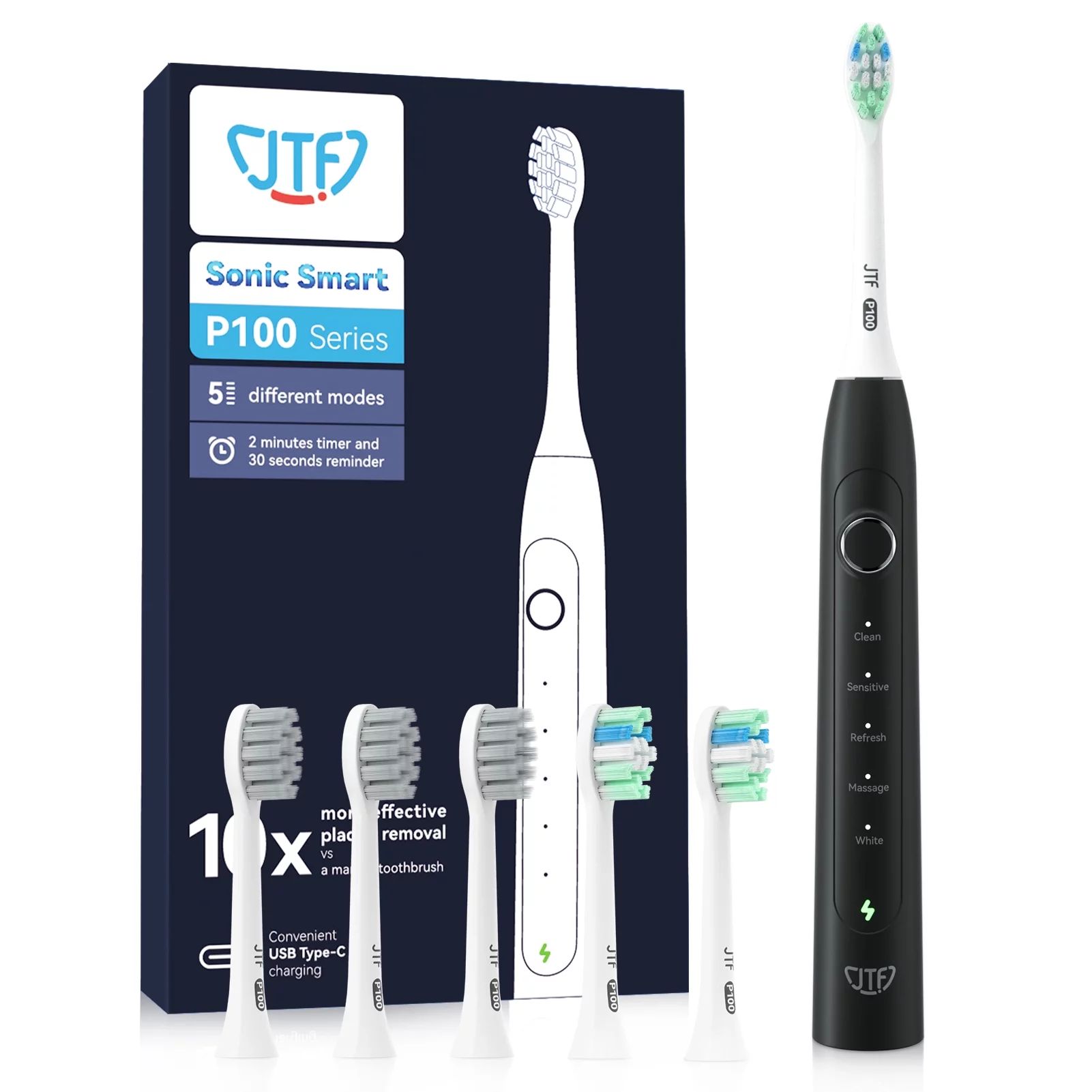 JTF Sonic Electric Toothbrush with 5 Modes for Adult, Rechargeable Power Toothbrush with 6 Brush ... | Walmart (US)