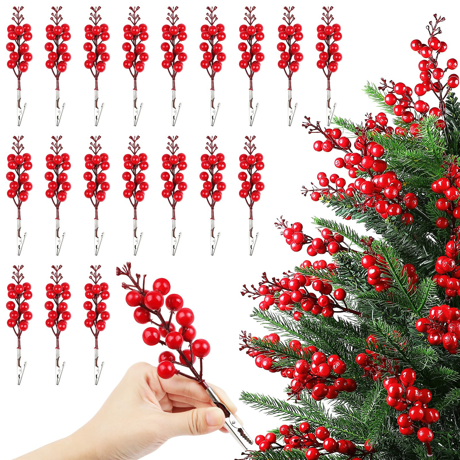 Fangoo 20Pcs Artificial Red Berry Stems with Clips Fake Holly Berries Branches Small Red Berry Pi... | Amazon (US)