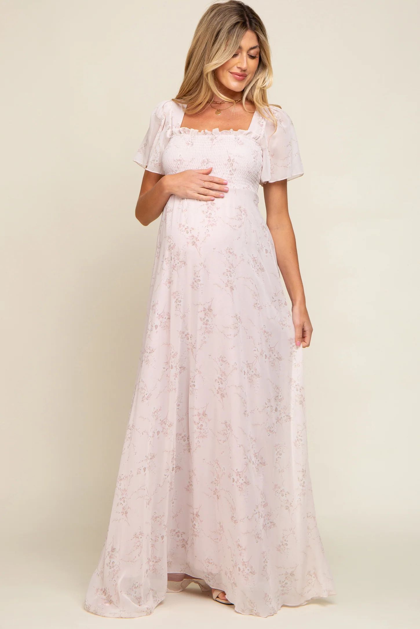 Light Pink Floral Smocked Chiffon Maternity Maxi Dress | PinkBlush Maternity