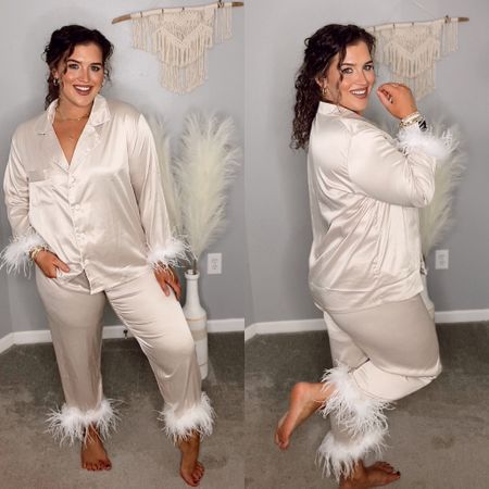 Boujee on a budget 🍸✨
Luxe satin feather trimmed pajama set 
Size: XL 
#pajamas #pjs #matchingset #midsizeoutfits #luxe #feather #jewelry #accessories #hairclips #gold #pearl 

#LTKunder50 #LTKSeasonal #LTKcurves