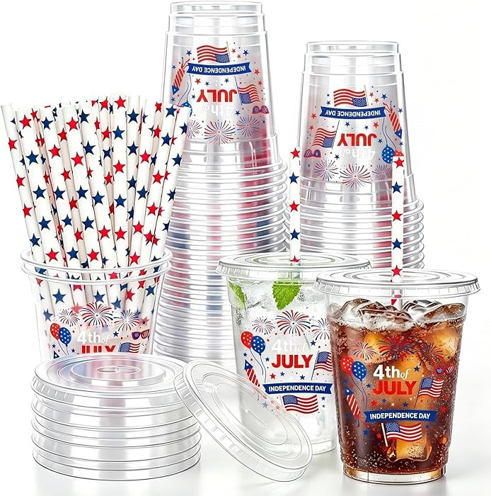 50Sets 12oz Plastic 4th of July Cups with Lids and Straws, Fourth of July Disposable American Flag Patriotic Cup, Clear Red White and Blue Drinking Cups for Independence Day Party Supplies Decorations | Amazon (US)