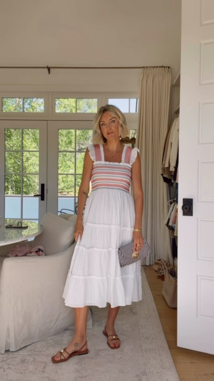 Love a classic white dress, but how perfect is this one for Memorial Day & July 4th with the red & blue stitching?! The smocked detailing is super flattering and comfortable! And, this striped clutch! 😍 Definitely will go fast! Wearing S! Use code LOVERLY15 for 15% off! @shop_avara #avarapartner

Loverly Grey, Avara, Memorial Day outfit, July 4th outfit, summer midi dress, resort wear 

#LTKSeasonal