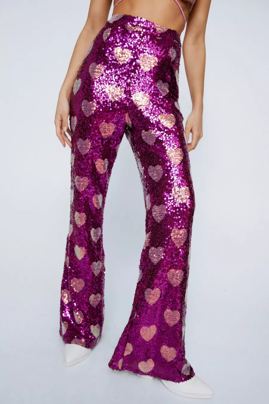 Petite Heart Sequin Wide Leg Pants | Nasty Gal (US)
