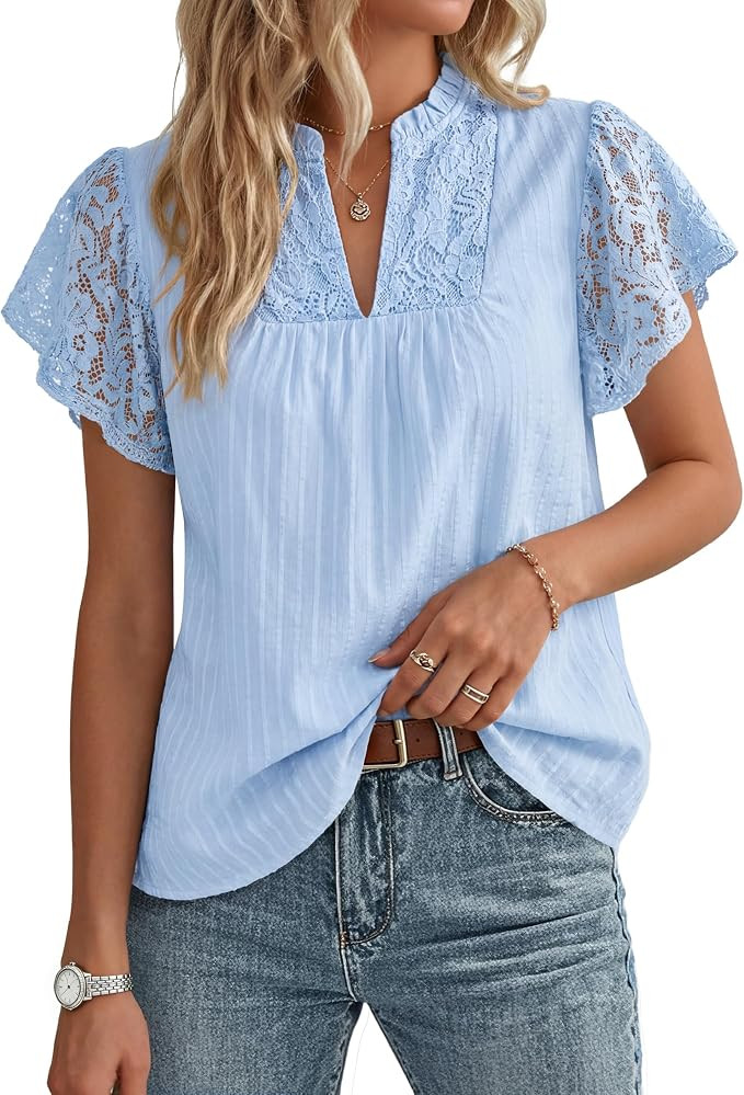 GRACE KARIN Womens Lace Short Sleeve Tops Summer Dressy Casual Cotton Blouses Flowy V Neck Dress ... | Amazon (US)