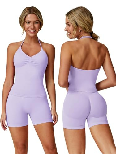 ABOCIW Workout Sets for Women 2 Piece Seamless Impact Longline Strappy Top Halter Sports Bra Scrunch Butt Lifting High Waist Biker Shorts Gym Set Work Out Clothes Lilac Small | Amazon (US)