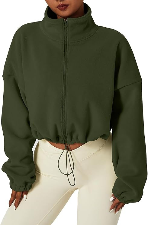QINSEN Women's Full Zip Fleece Short Jacket Warm Winter Long Sleeve Stand Collar Sherpa Crop Coat | Amazon (US)