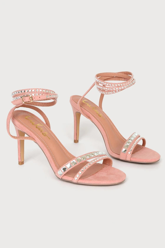 Rennie Peach Suede Rhinestone Ankle Strap High Heel Sandals | Lulus (US)