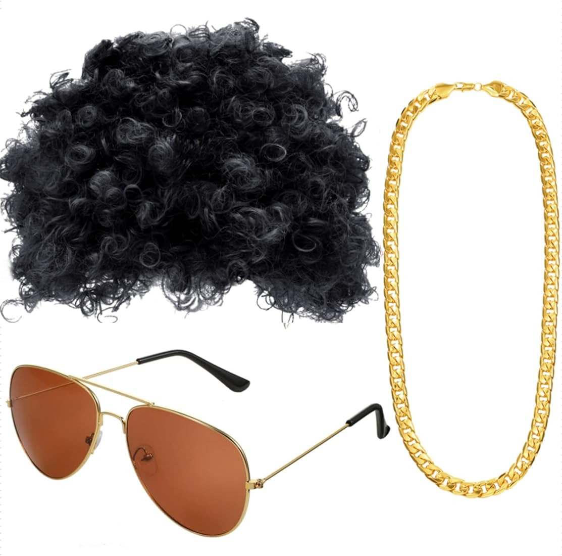 Gejoy Afro Hippie Costume Set Funky Afro Wig, Disco Gold Celebrity Sunglasses Faux Gold Chain for... | Amazon (US)
