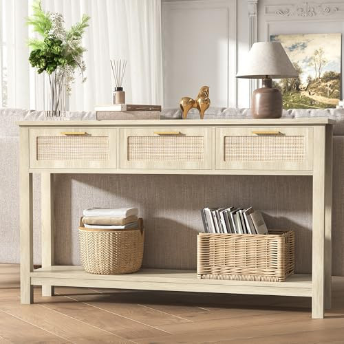 ELYKEN Rattan 51.2" Console Table with 3 Drawer, Entryway Table with Drawer & Shelf, Boho Sofa Table Behind Couch Foyer for Living Room, Hallway, Natural Wood | Amazon (US)