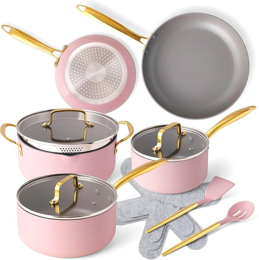 Styled Settings Pink Pots and Pans Set Nonstick - 15 PC Luxe Gold and Pink Cookware Set - Inducti... | Amazon (US)