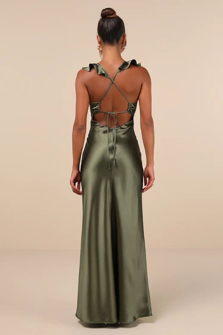 Exuberant Luxury Olive Green Satin Ruffled Lace-Up Maxi Dress | Lulus