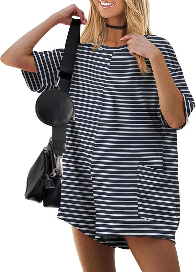 Ekouaer Summer Rompers for Women Short Sleeve Oversized T-shirt Jumpsuits | Amazon (US)