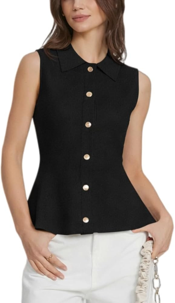 Ladyful Womens Peplum Sweater Vest Top Summer Sleeveless Ruffle Hem Collared Gold Buttons Knit Ta... | Amazon (US)