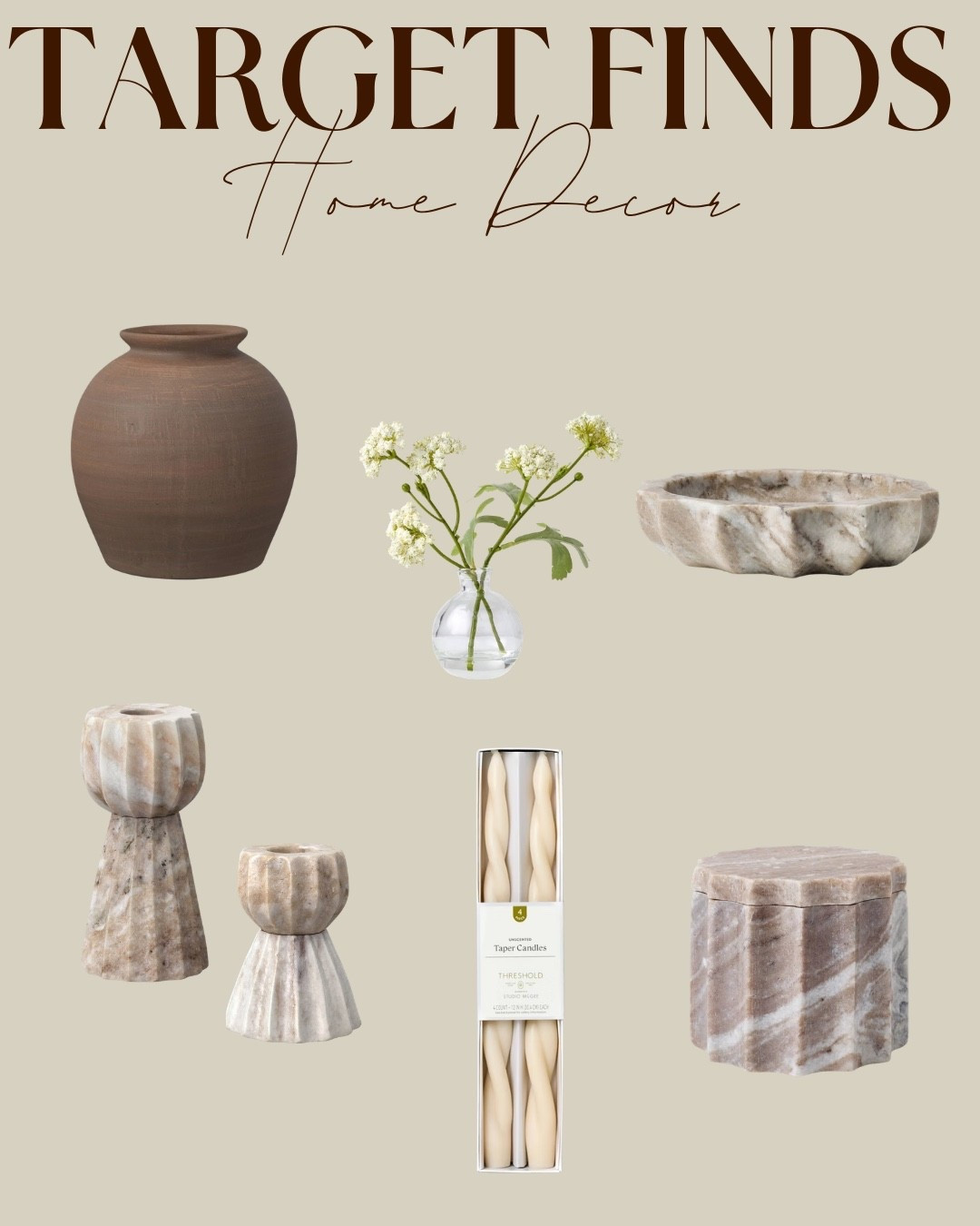 Target understood the assignment 🤎

I found the prettiest brown rustic vase, creamy marble trays + candle holders, soft white florals, and the dreamiest cream taper candles.

It’s giving warm, layered, organic luxury… without the luxury price tag.

Everything is linked on my LTK ✨