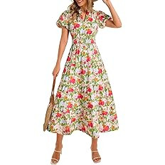 Wenrine Womens Summer Floral Maxi Dress Casual V Neck Puff Short Sleeve Smocked Loose Boho Beach ... | Amazon (US)