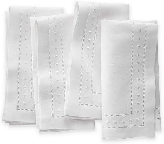 O'lucio Double Hemstitched White Linen Dinner Napkins with Embroidered Swiss Dots - Set of 4, 18 ... | Amazon (US)