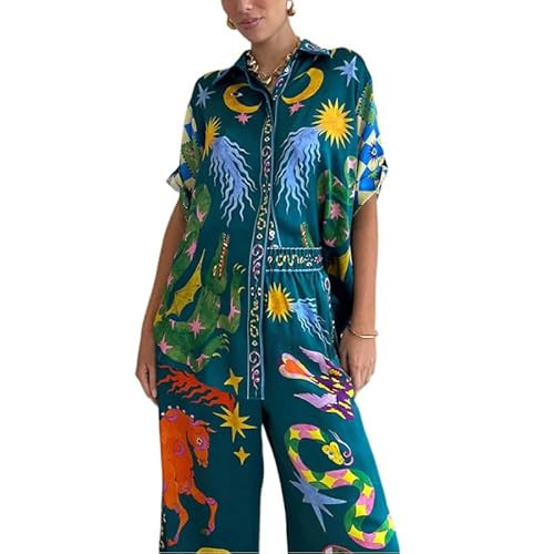 Women's Casual Summer 2 Piece Beach Outfit Button Down Shirt and Wide Leg Pants Pajamas Lounge Sleepwear Sets (Small,B) | Amazon (US)