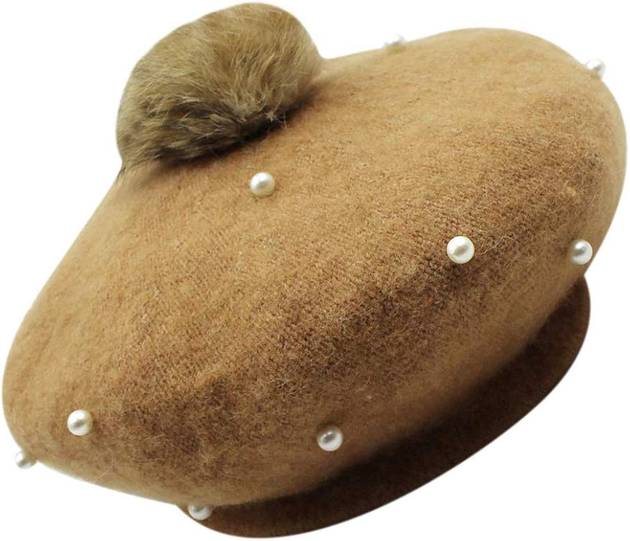 Kids Girls Artist Pearl Beret Hat Winter Warm Pom Pom Beanie Cap | Amazon (US)