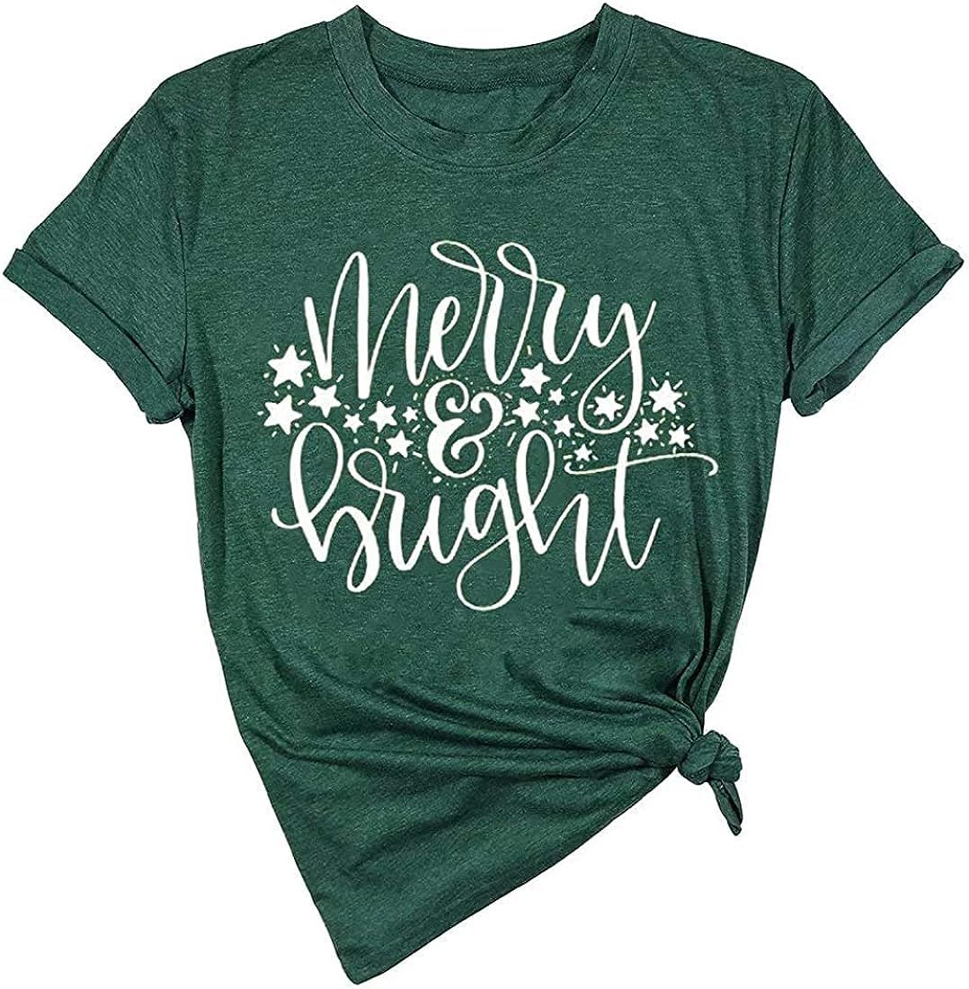 Merry and Bright Stars Christmas T-Shirt Women Letter Printed Casual Short Sleeve Tee Tops | Amazon (US)