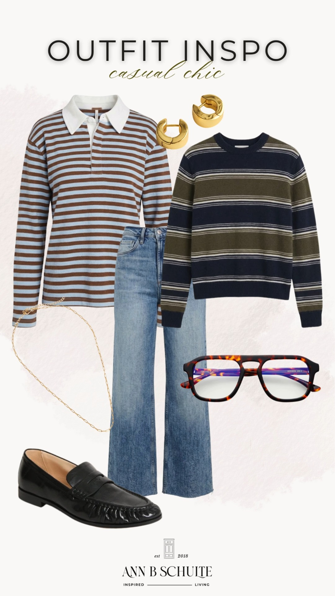 Casual chic, but make it effortlessly polished. 🤎 This easy everyday outfit pairs a striped collared knit with relaxed straight-leg denim, classic loafers, statement glasses, and a few gold accents for that perfectly pulled-together feel. Simple, timeless, and just the right amount of cool for coffee runs, casual days, and everything in between. ✨👖🤓

#CasualChic #CasualOutfit #EverydayStyle #ChicOutfit #StripedSweater #StraightLegJeans #LoaferStyle #GoldAccessories #ClassicStyle 

 #LTKootd