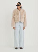 Beige Faux Fur Cropped Jacket- Reysha | 4th & Reckless