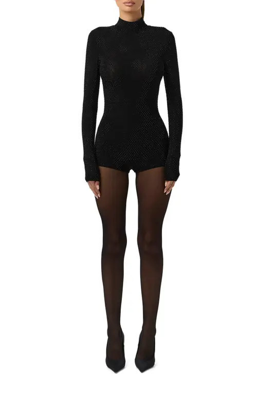 Naked Wardrobe Rhinestone Body-Con Romper in Black at Nordstrom, Size Small | Nordstrom