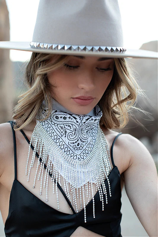 NEW!! "GB ORIGINAL" Crystal Fringe Bandana Neck Scarf in Classic White | Glitzy Bella