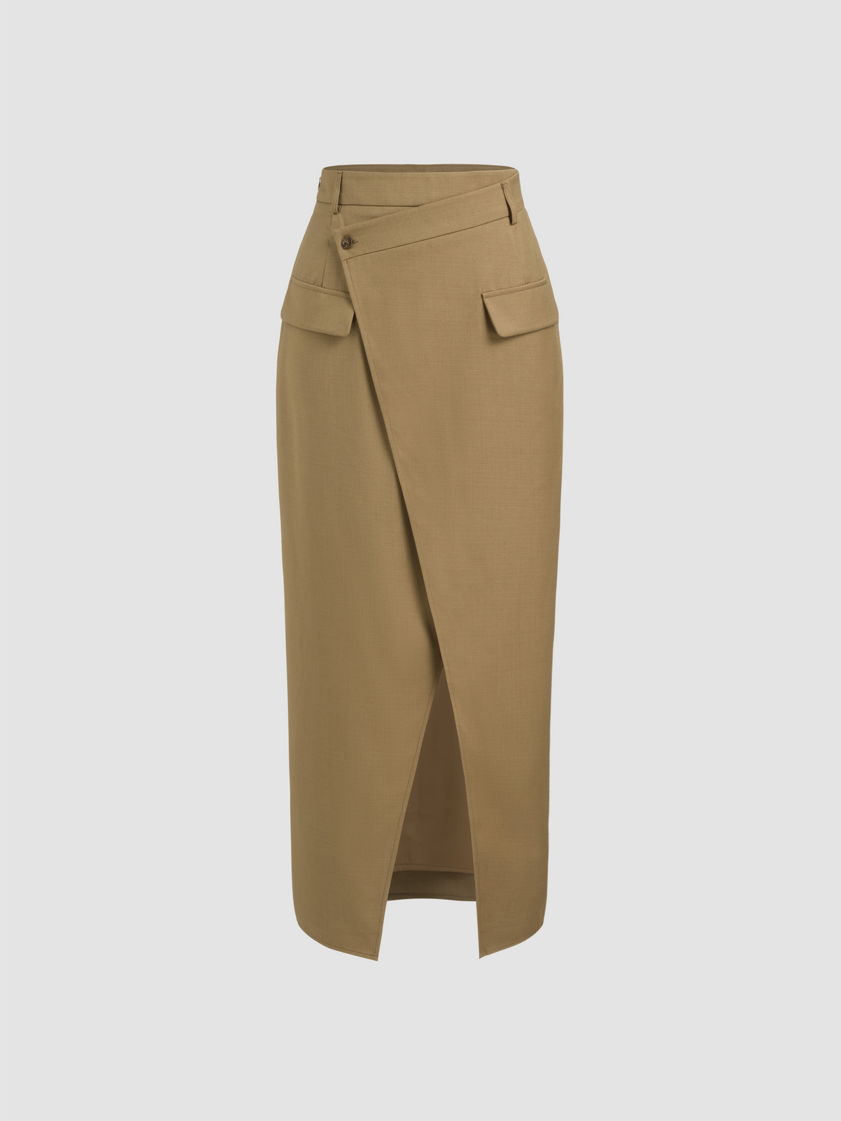 Woven Mid Rise Solid Button Wrap Maxi Skirt  For Work | Cider