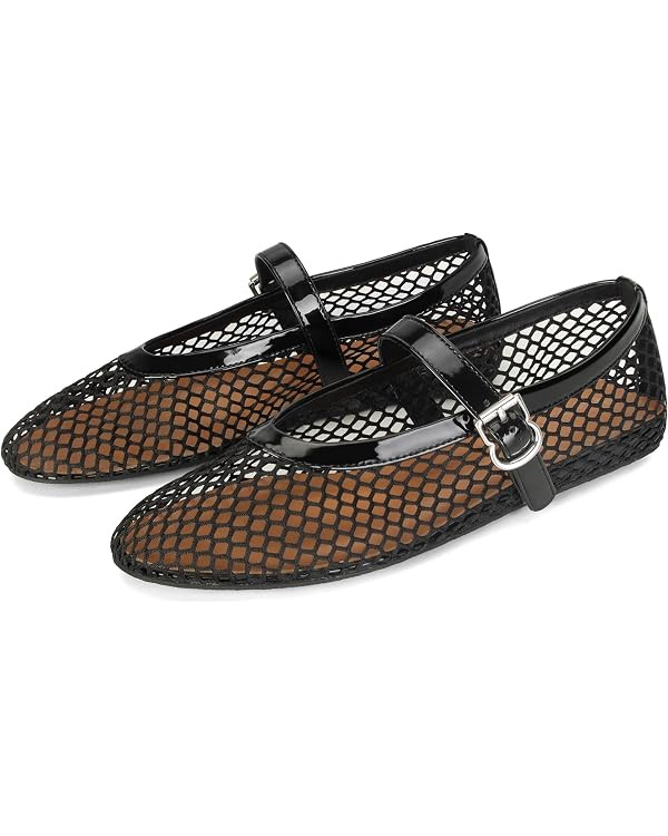DOEYG Mesh Ballet Flats for Women Buckle Strap Comfy Casual Office Fishnet Ballerina Flat Shoes | Amazon (US)