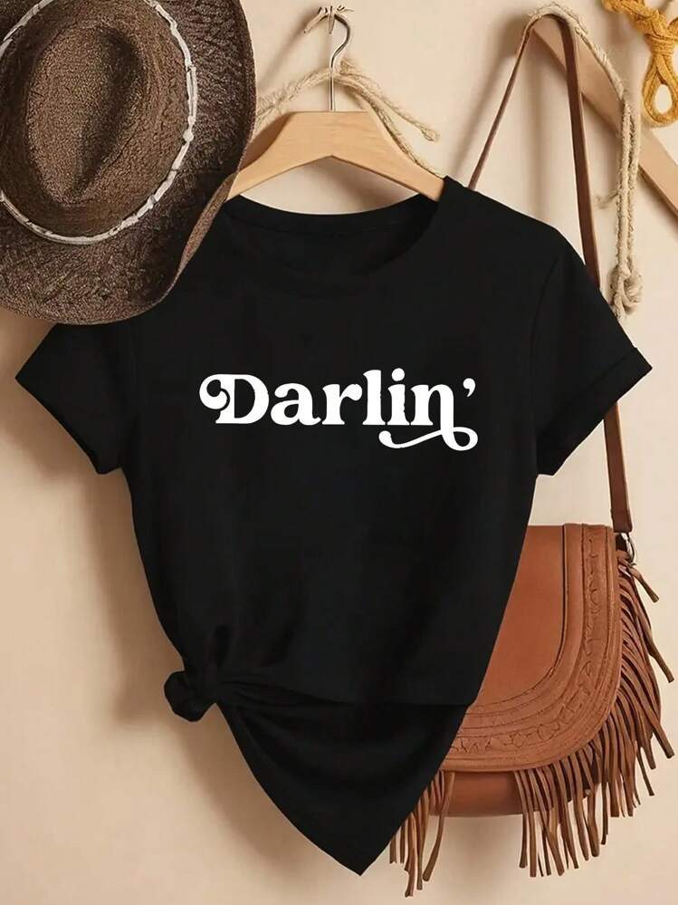 Ladies' Summer Casual Round Neck, Darlin' , Sweet And Gentle Temperament, Slim Fit Short Sleeved T-Shirt Top | SHEIN