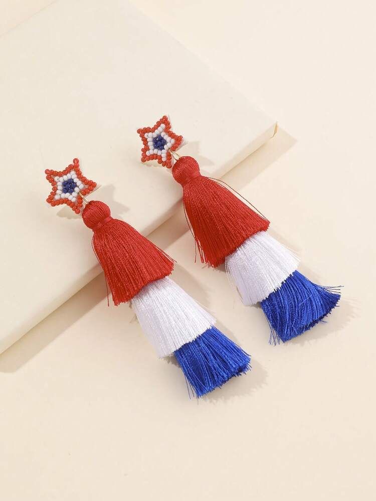 1pair Fashion USA Flag Color Tassel Beaded Star Decor Drop Earrings For Women For American Indepe... | SHEIN
