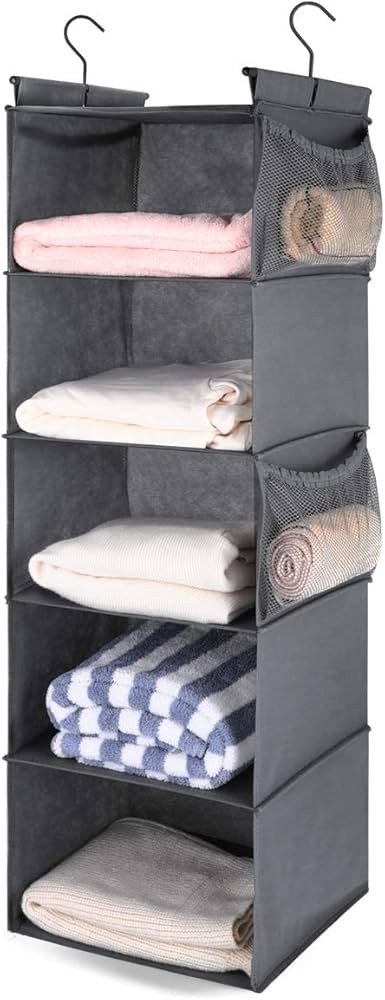 MAX Houser 5 Shelf Hanging Closet Organizer, Space Saver, Cloth Hanging Shelves with 4 Side Pocke... | Amazon (US)