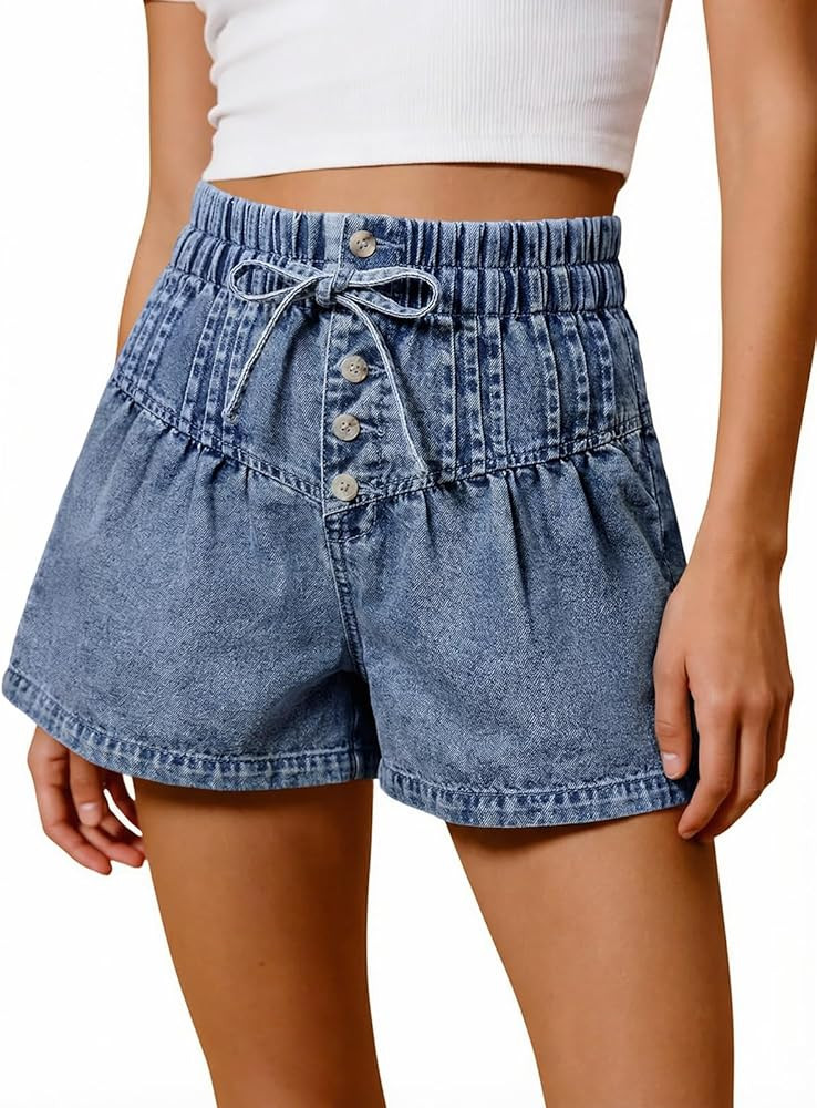 Tankaneo Womens Summer Flowy Jean Shorts Casual Drawstring Elastic Waist Buttons Pleated Baggy De... | Amazon (US)