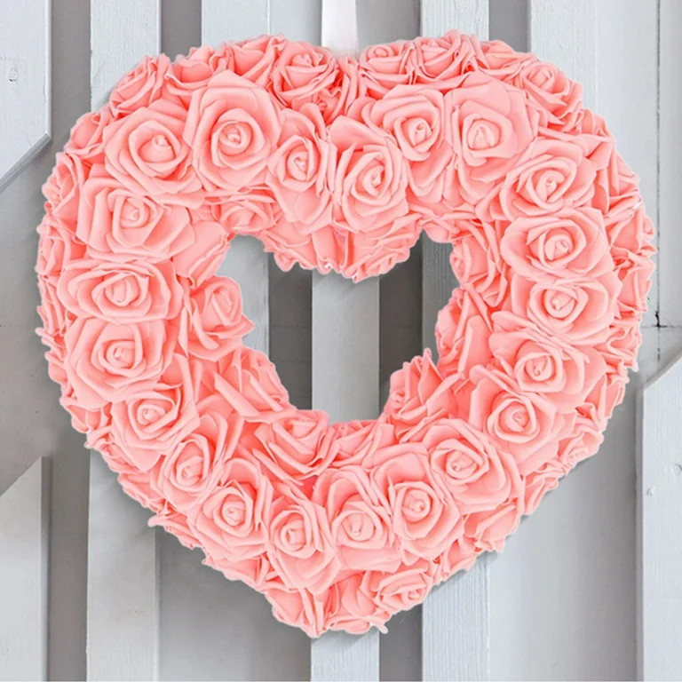 AYktou 14.17" Hearts Shaped Wreath Floral Roses Artificial Garland Door Hanger Pink Flower Wreath... | Walmart (US)