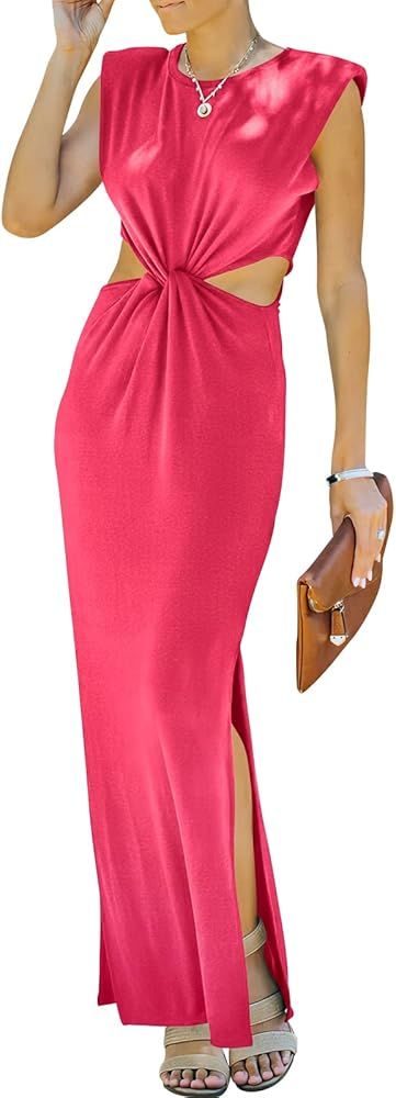 Prinbara Womens Side Cutout Padded Shoulder Summer Long Bodycon Dress Sleeveless Slit Club Party ... | Amazon (US)