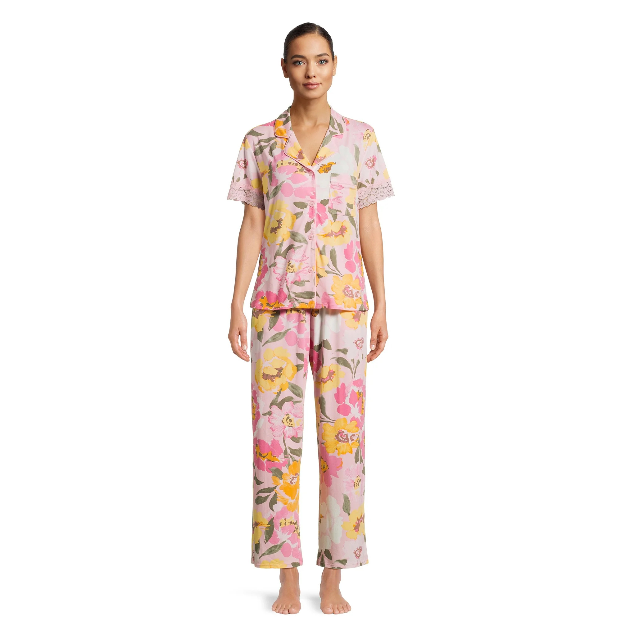 The Pioneer Woman Short Sleeve Notch Collar Top and Pant Pajama Set, 2-Piece, Sizes S-3X - Walmar... | Walmart (US)