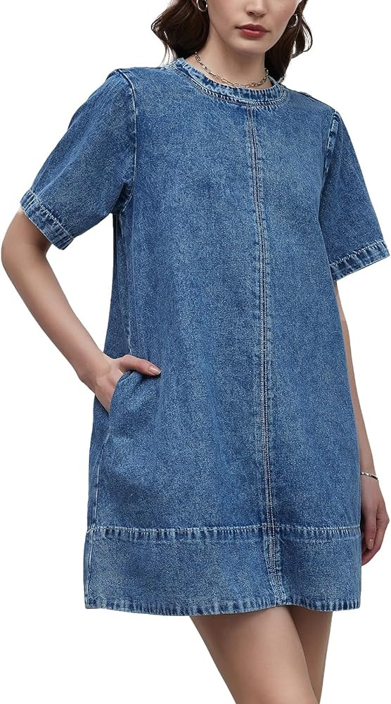LifeShe Denim Dress for Women Summer Casual Short Sleeve Chambray Mini Jean Dresses with Pockets | Amazon (US)