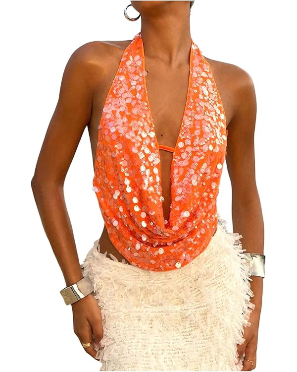 SOLY HUX Women's Sequin Glitter Halter Crop Tank Top Sparkly Backless Deep Cowl Neck Going Out Ve... | Amazon (US)