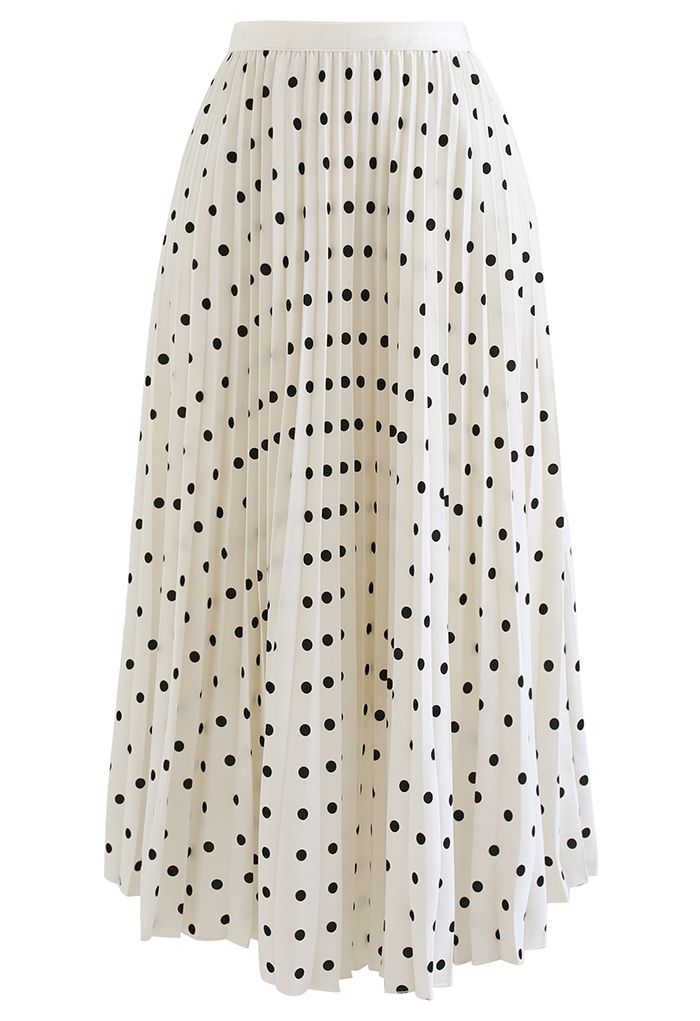 Dot Print Smooth Pleated Midi Skirt in Ivory | Chicwish
