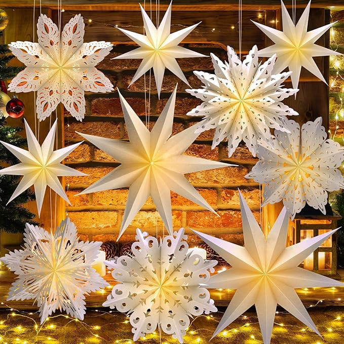 Leinuosen 10 Set Christmas Snowflake Paper Lantern Star Paper Lantern with 10 LED Lights Lamp Sta... | Amazon (US)