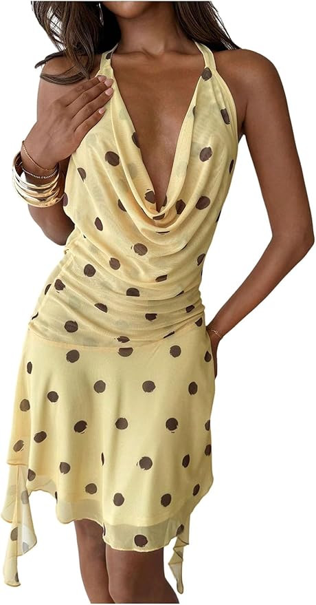 MakeMeChic Women's Polka Dots Halter Mini Dress Draped Cinched Waist Retro Y2K Short Dresses | Amazon (US)